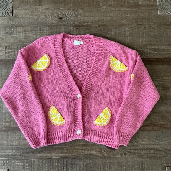 Dreamers Sweaters - Dreamer by Debut Pink Cardigan with Lemon Slice Design
